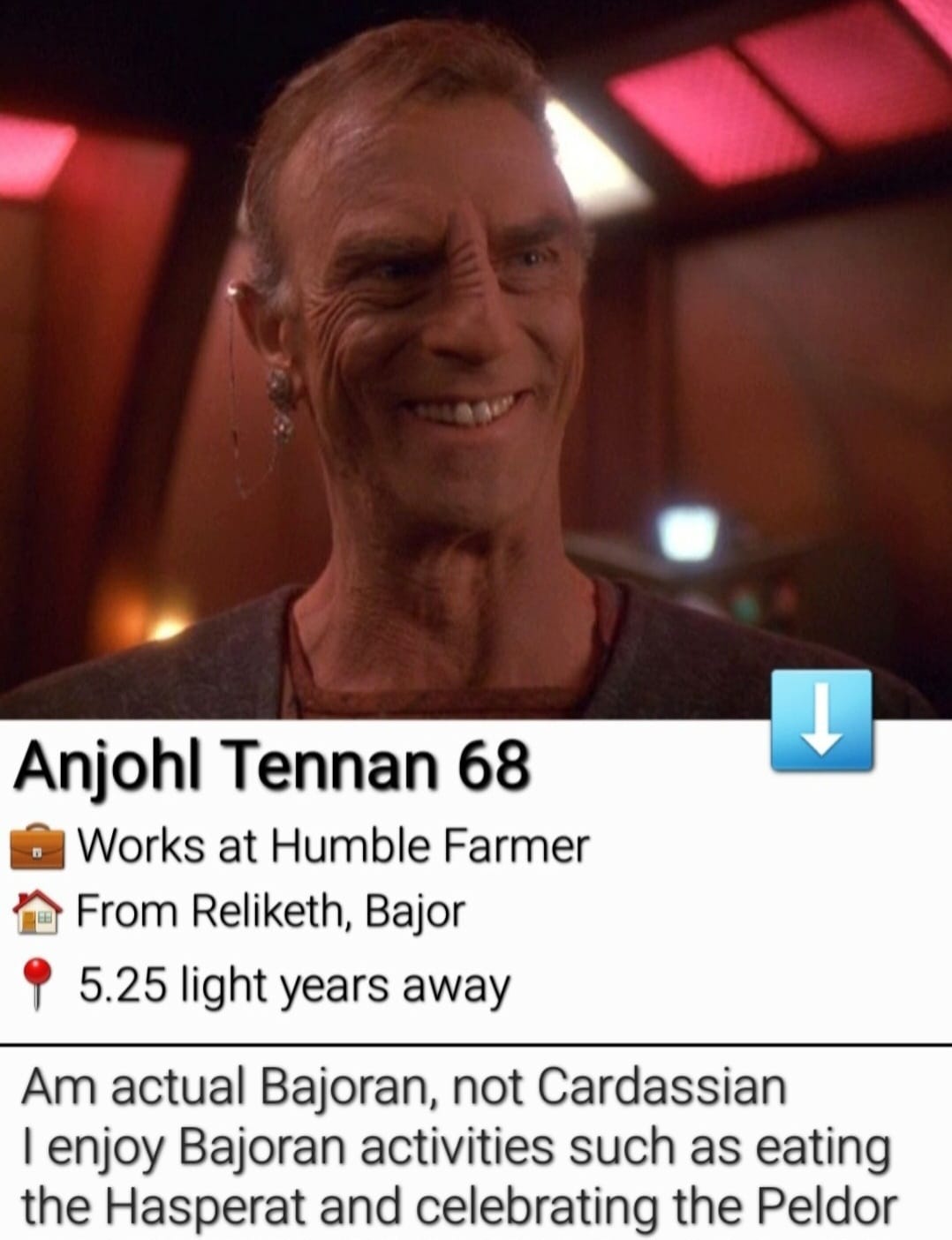 This meme is a screenshot of a Star Trek character's profile on a fictional social networking site. The character, a Ferengi named Tog, is listed as being 2,000 years old, with a location in the Delta Quadrant, and a brief description that reads "I'm a Ferengi, get over it."